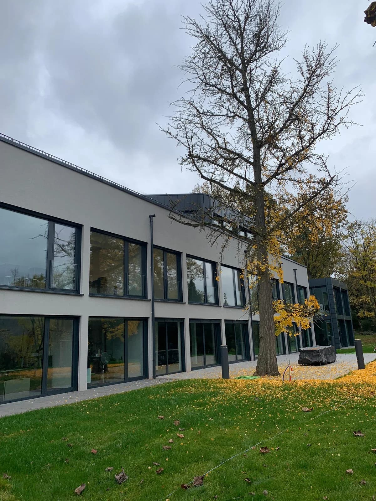 Modernes anthrazitfarbenes Buerogebaeude mit Aluminium-Pfosten-Riegel-Fassade und raster-artigen Grossformat-Fenstern — Referenzprojekt Aluminiumfenster Labisch, Saarland